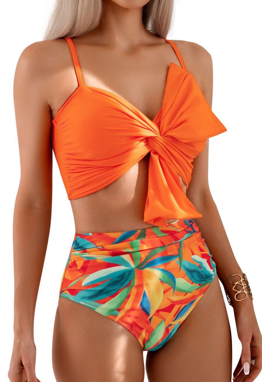 Front Knot Ruched Bikini Set in Orange Print