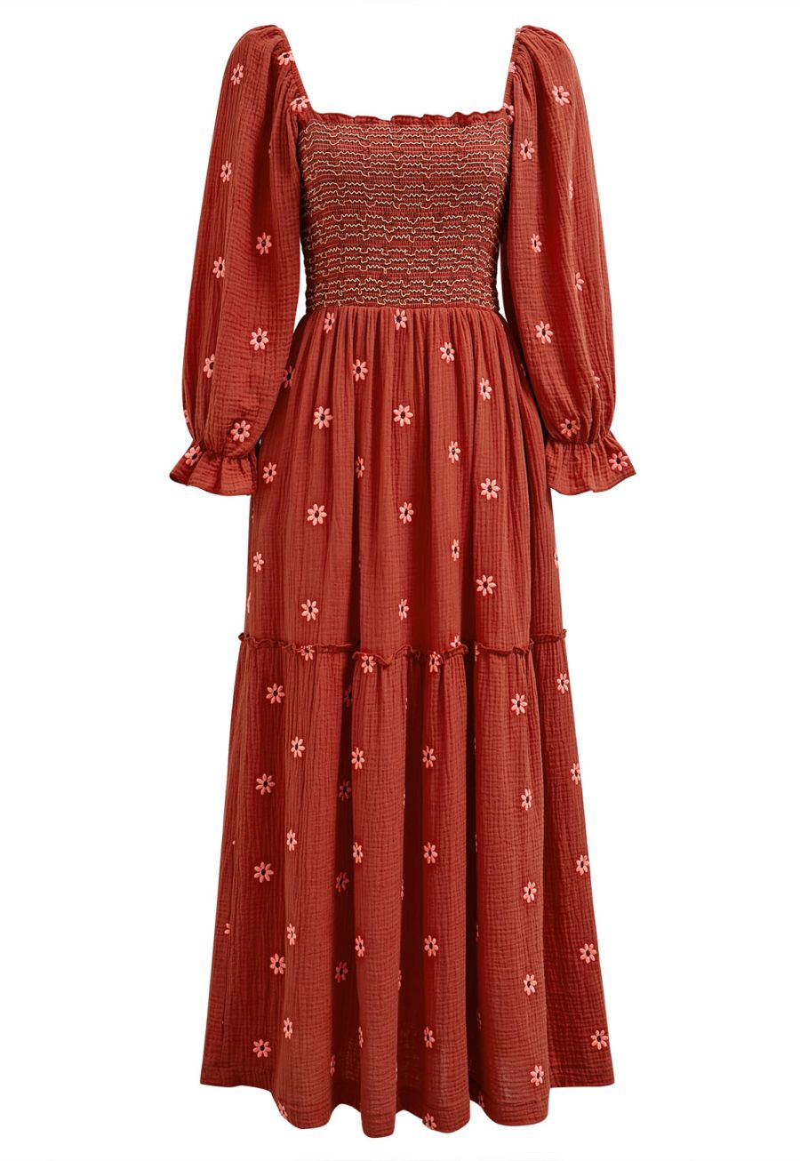 Floret Embroidery Square Neck Midi Dress in Orange