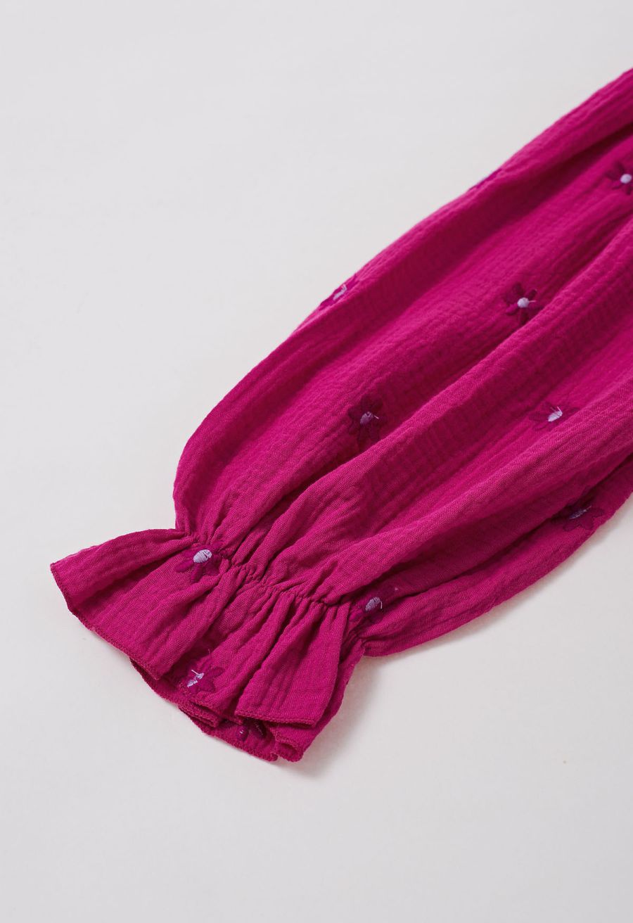 Floret Embroidery Square Neck Midi Dress in Hot Pink