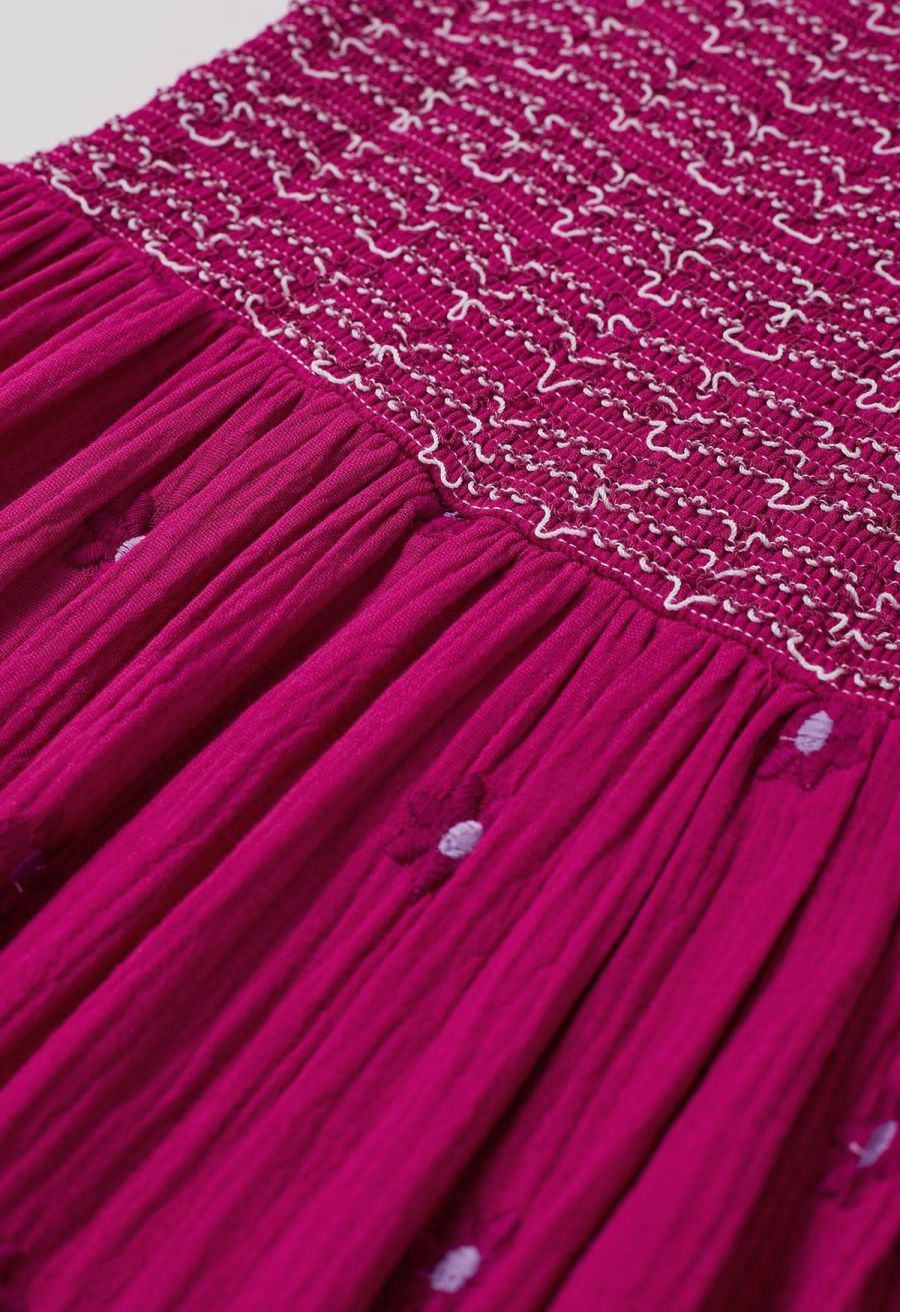 Floret Embroidery Square Neck Midi Dress in Hot Pink