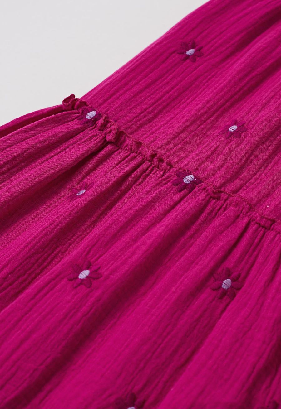 Floret Embroidery Square Neck Midi Dress in Hot Pink