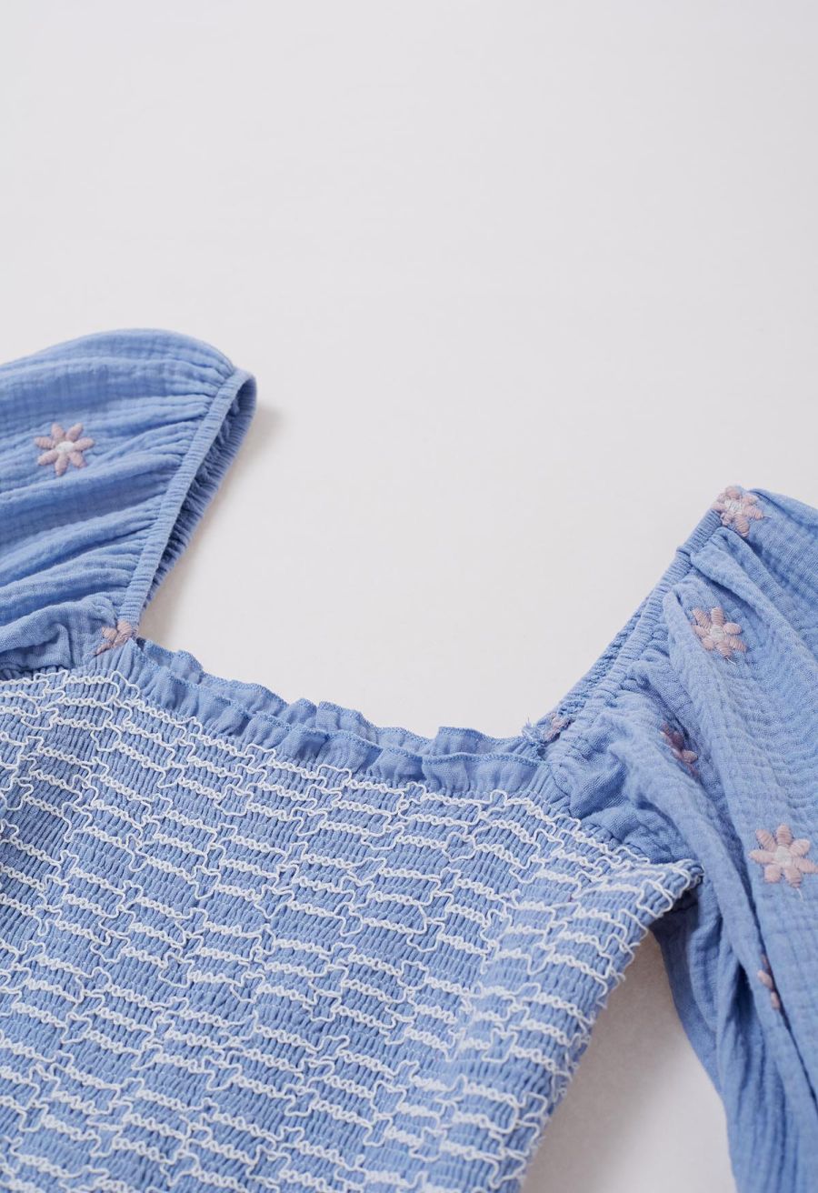 Floret Embroidery Square Neck Midi Dress in Blue