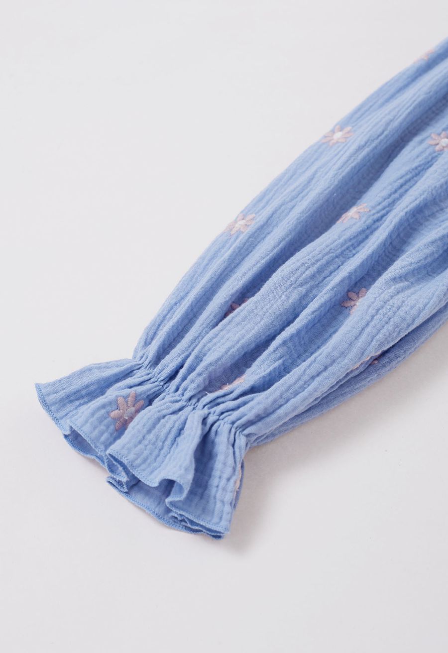 Floret Embroidery Square Neck Midi Dress in Blue