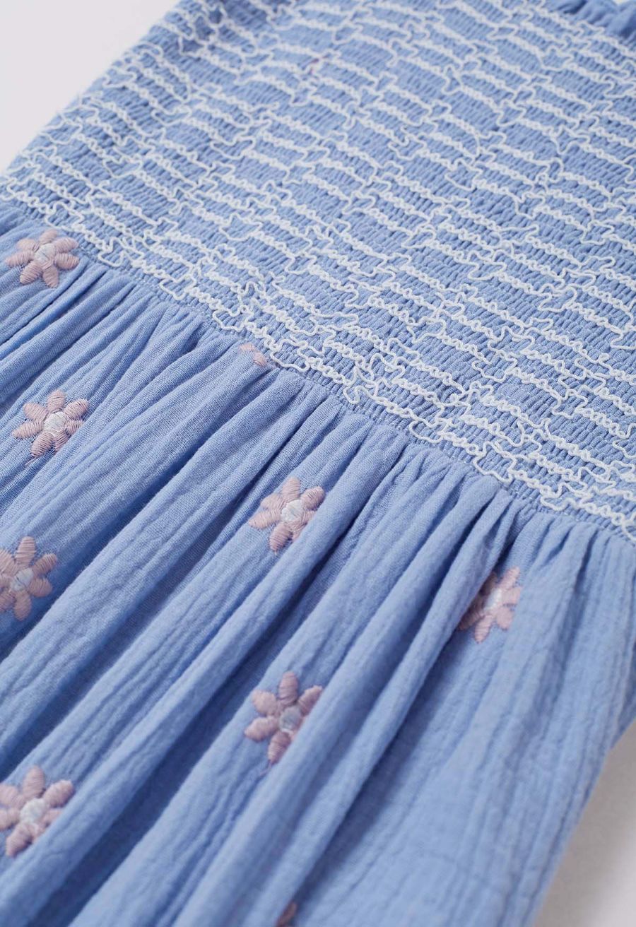 Floret Embroidery Square Neck Midi Dress in Blue
