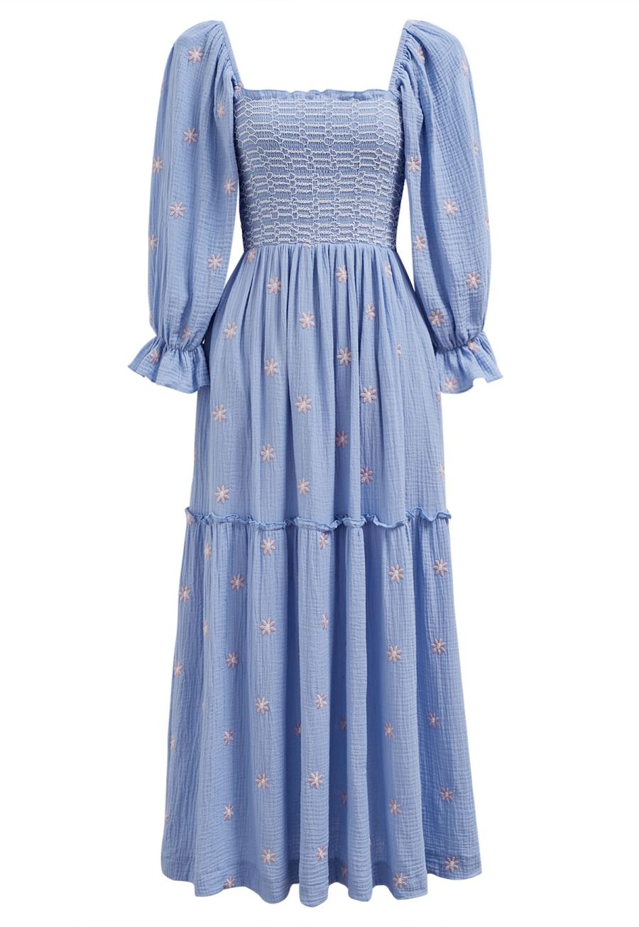 Floret Embroidery Square Neck Midi Dress in Blue
