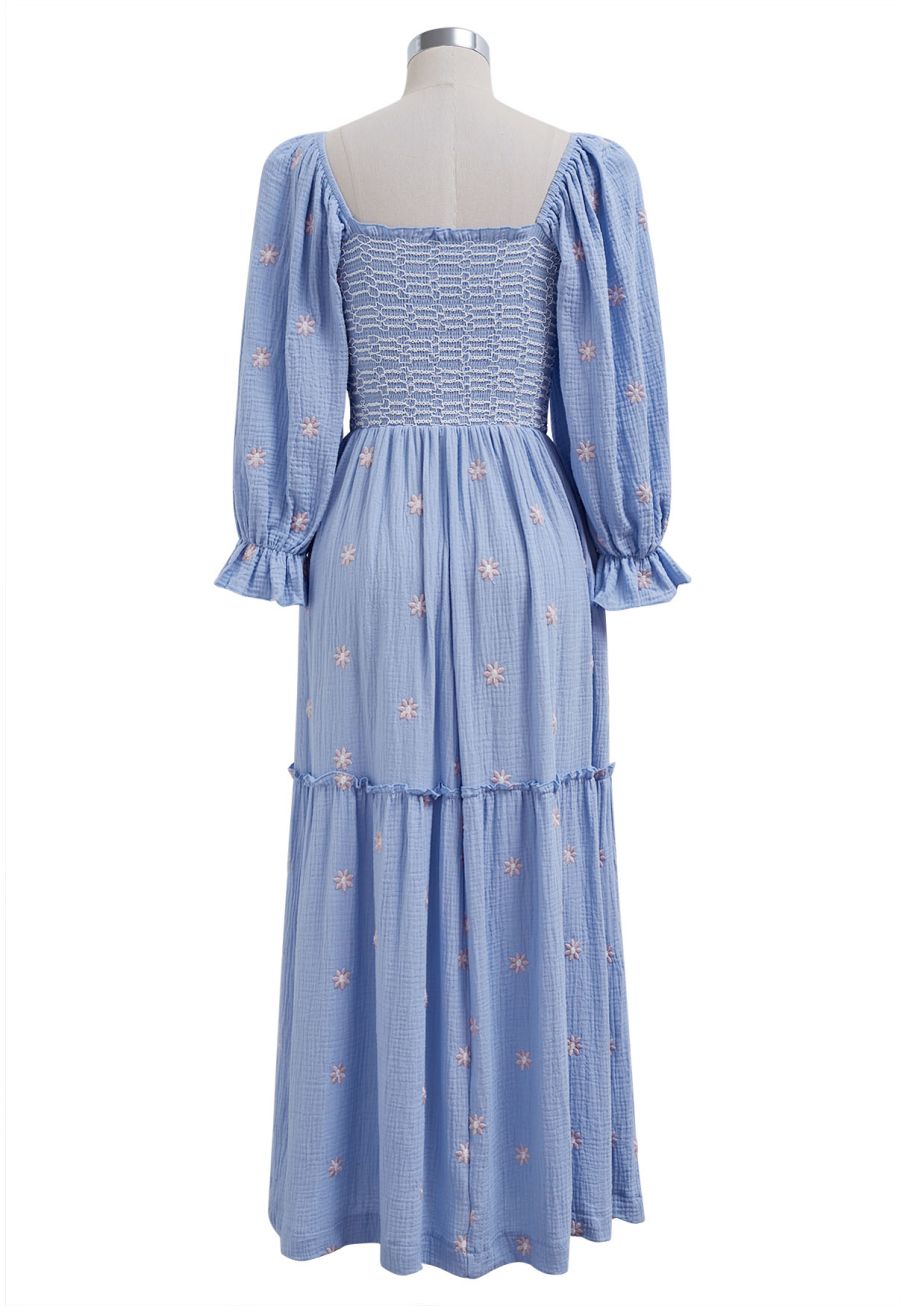 Floret Embroidery Square Neck Midi Dress in Blue