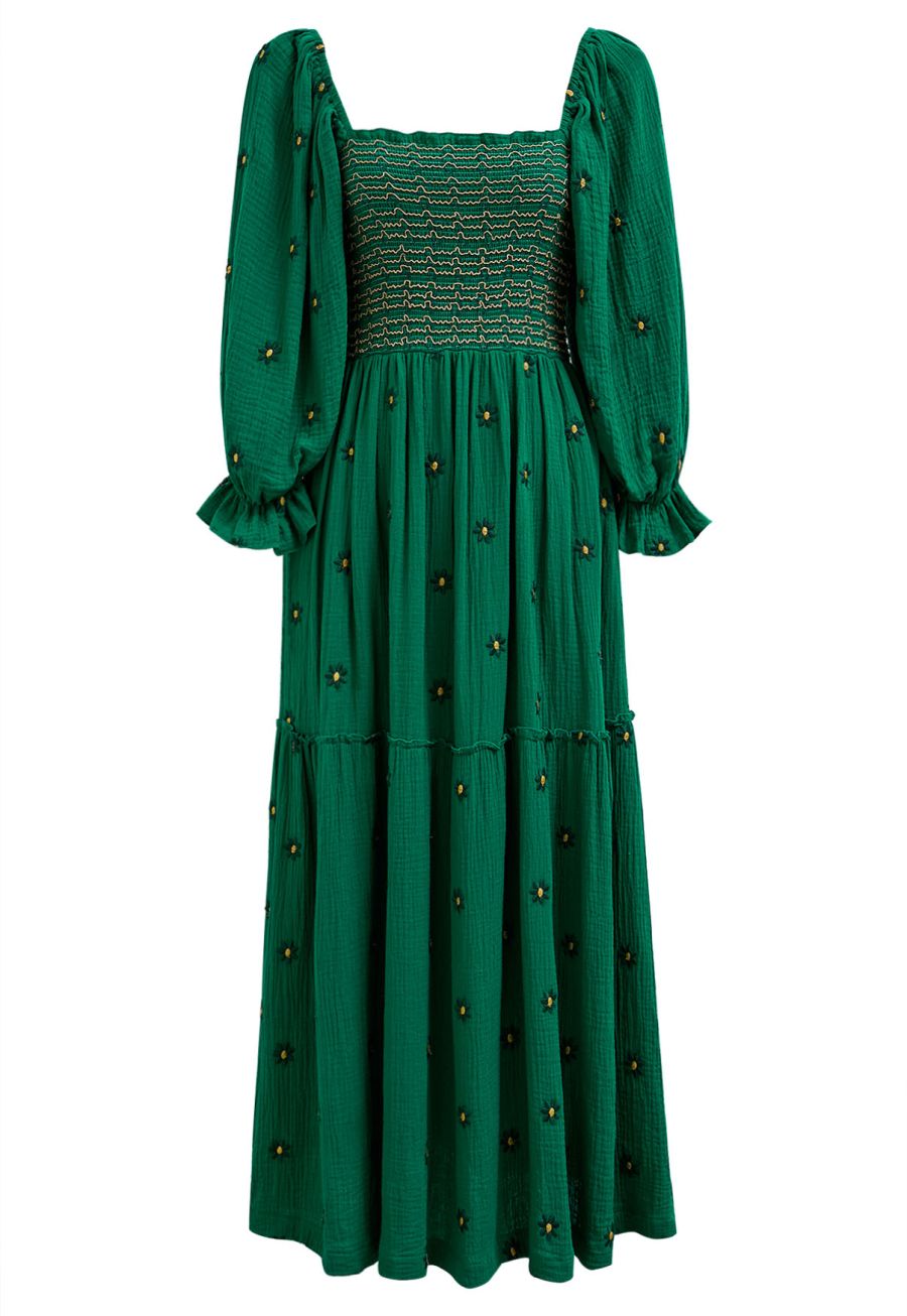 Floret Embroidery Square Neck Midi Dress in Green