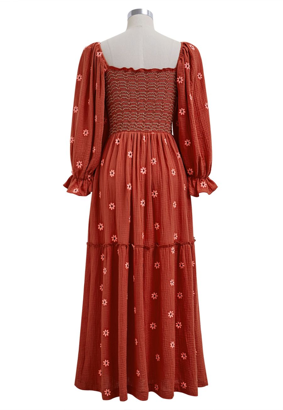 Floret Embroidery Square Neck Midi Dress in Orange