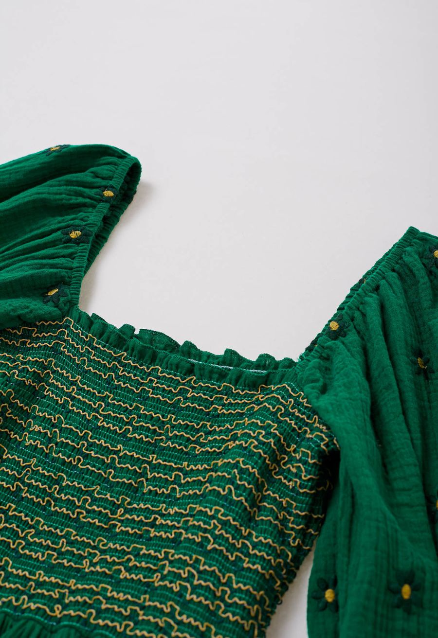 Floret Embroidery Square Neck Midi Dress in Green