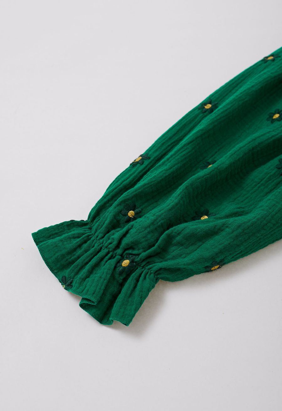 Floret Embroidery Square Neck Midi Dress in Green