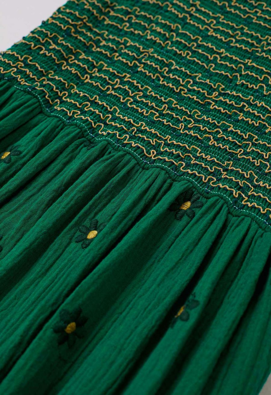 Floret Embroidery Square Neck Midi Dress in Green