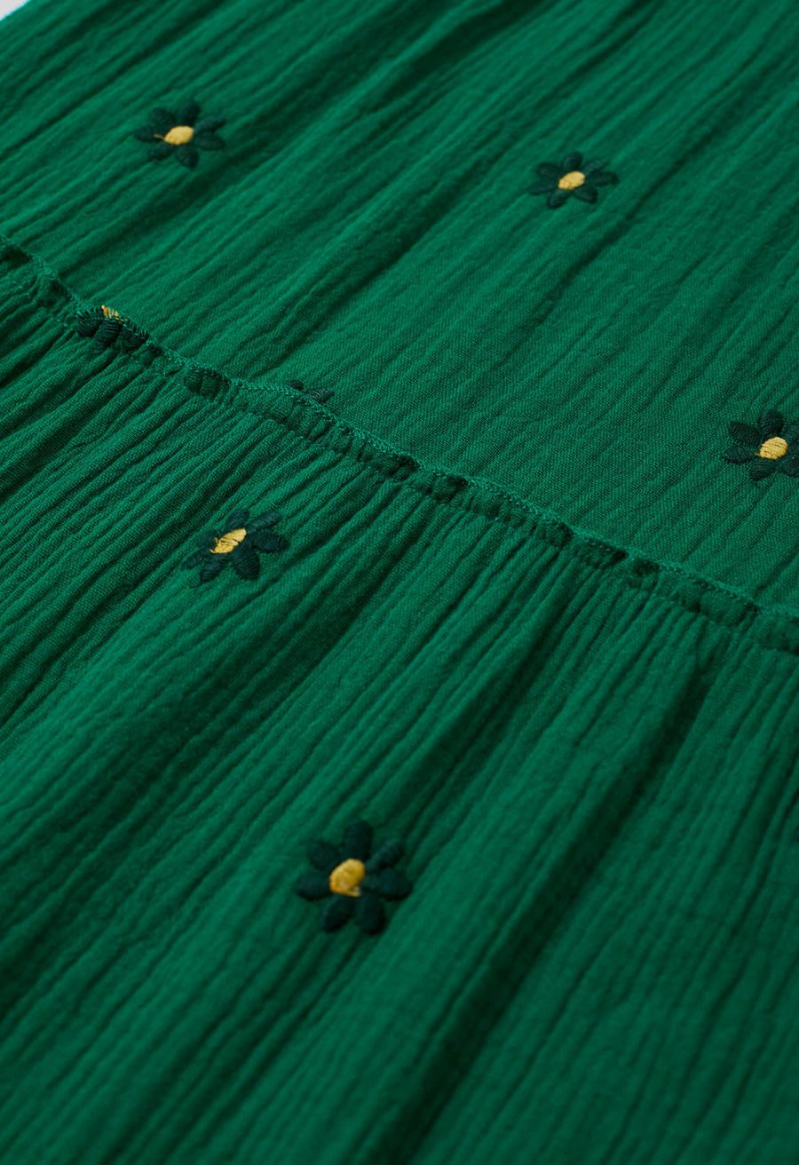 Floret Embroidery Square Neck Midi Dress in Green