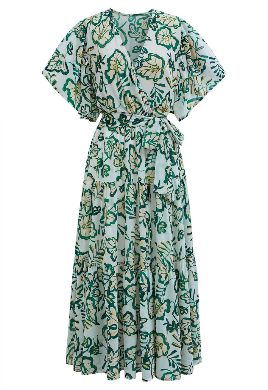 Leaves Printed Flutter Sleeve Faux-Wrap Dress