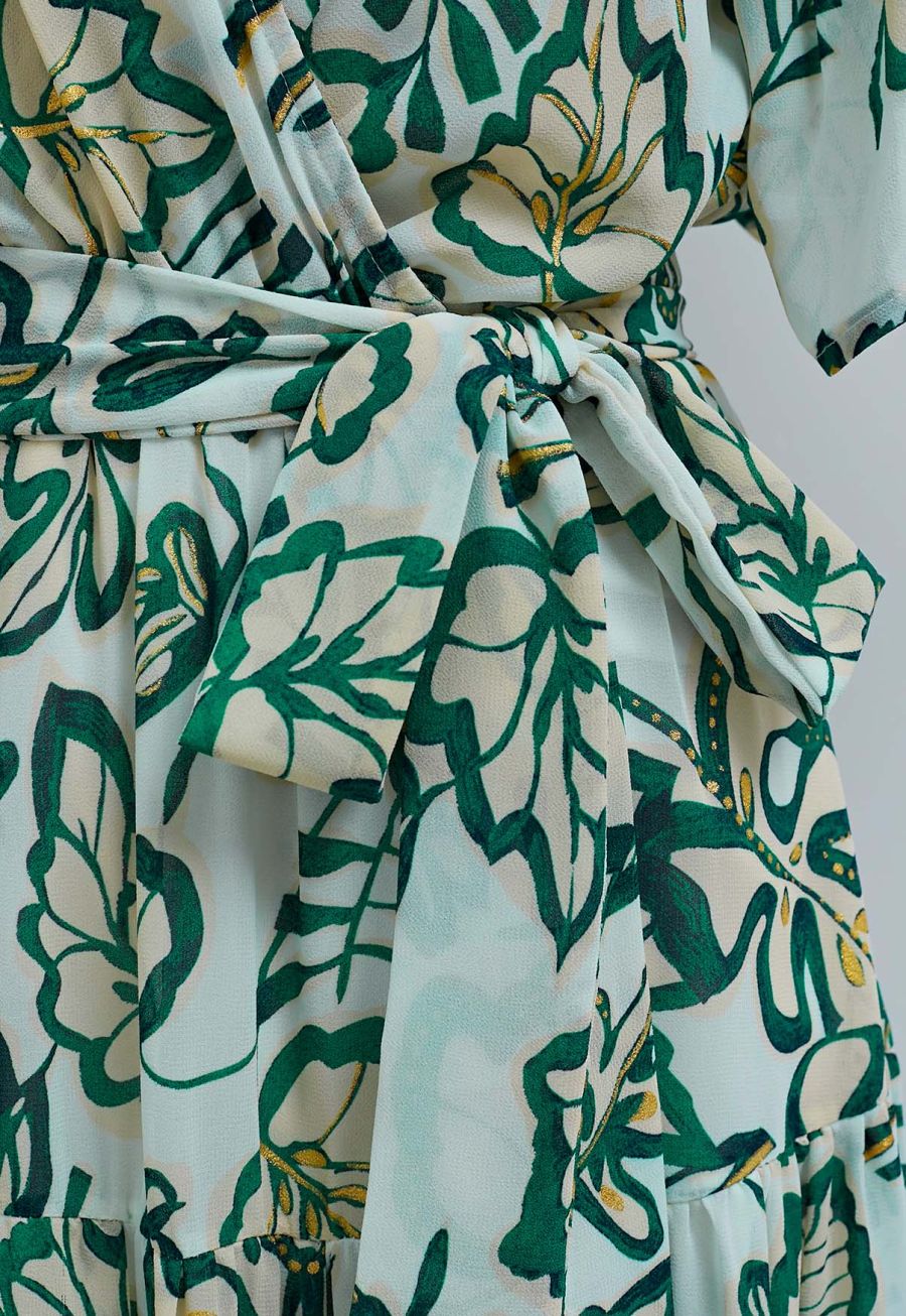 Leaves Printed Flutter Sleeve Faux-Wrap Dress