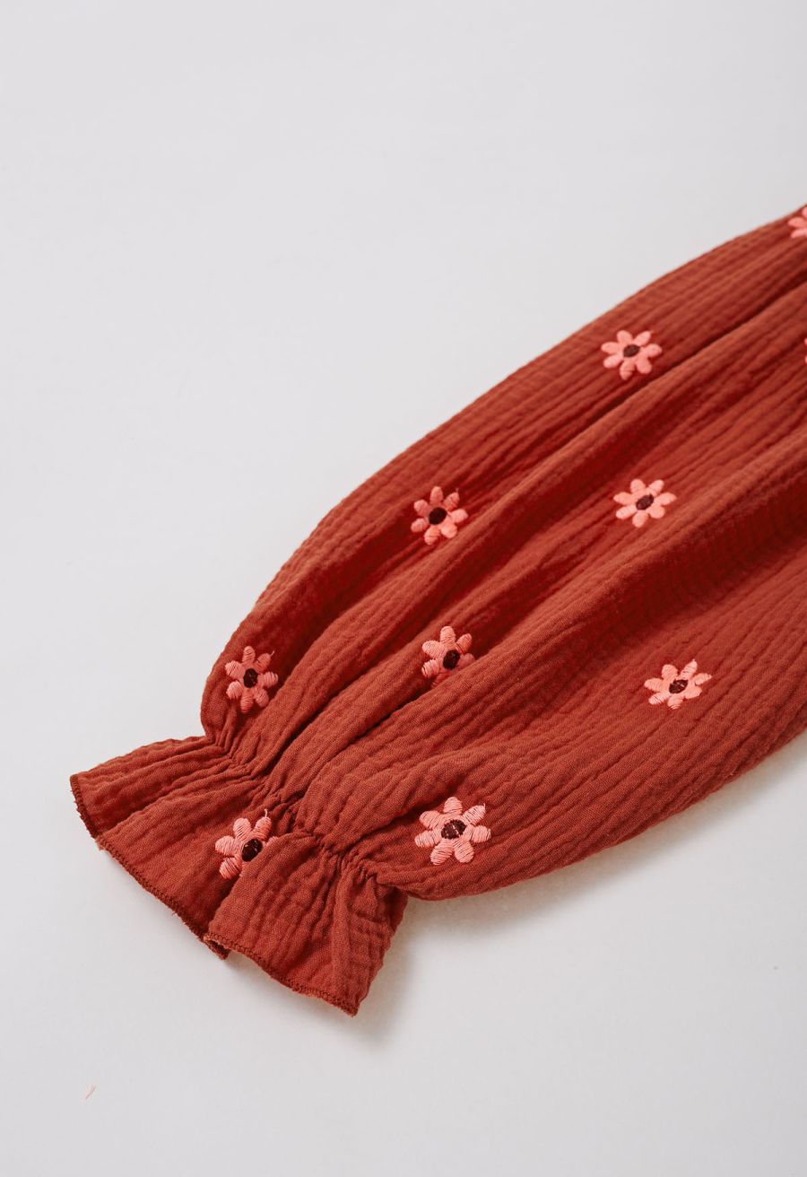 Floret Embroidery Square Neck Midi Dress in Orange