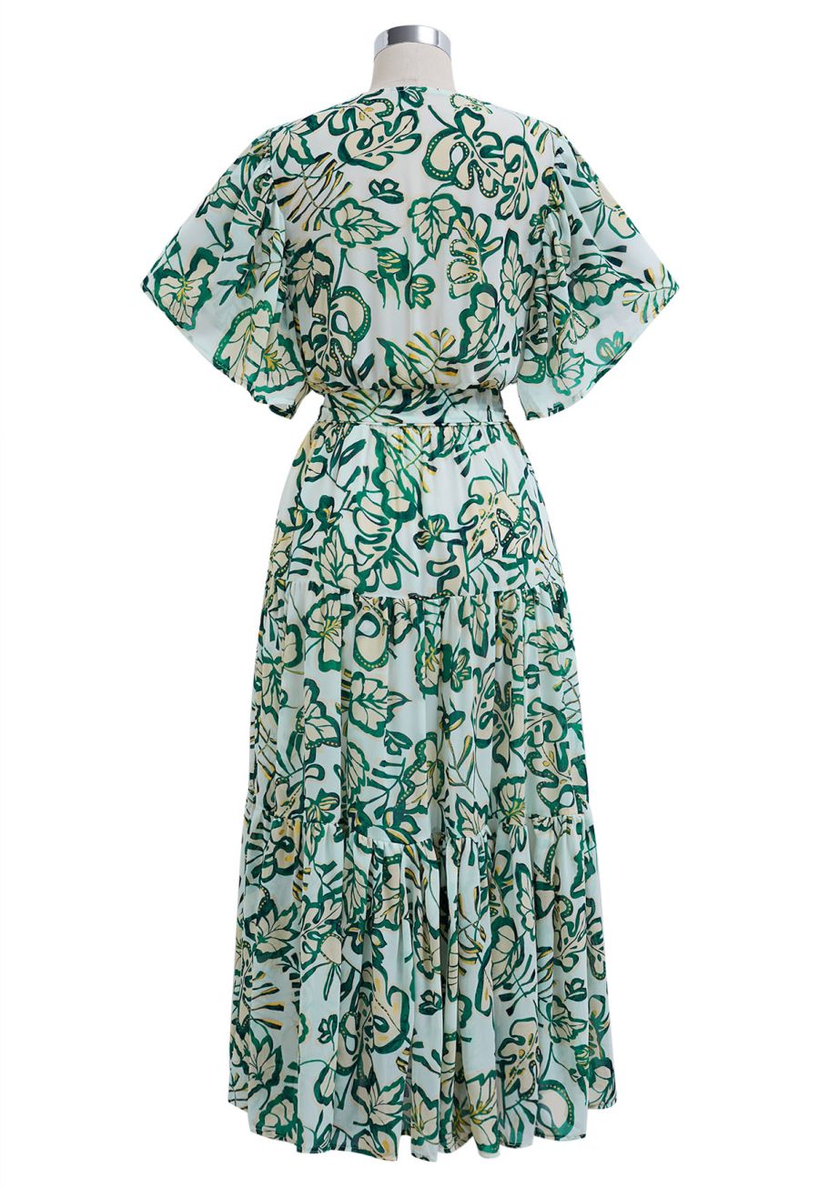 Leaves Printed Flutter Sleeve Faux-Wrap Dress