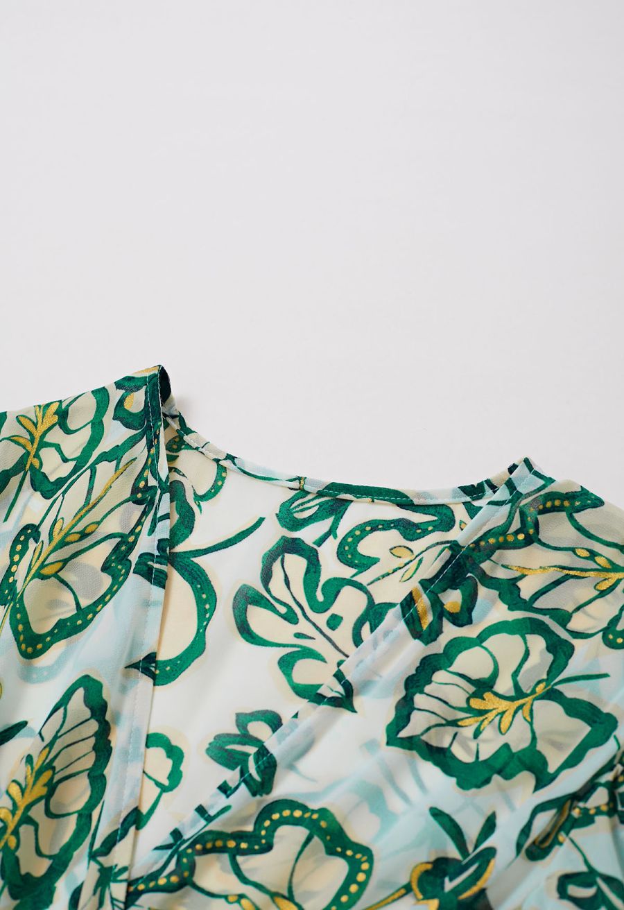 Leaves Printed Flutter Sleeve Faux-Wrap Dress