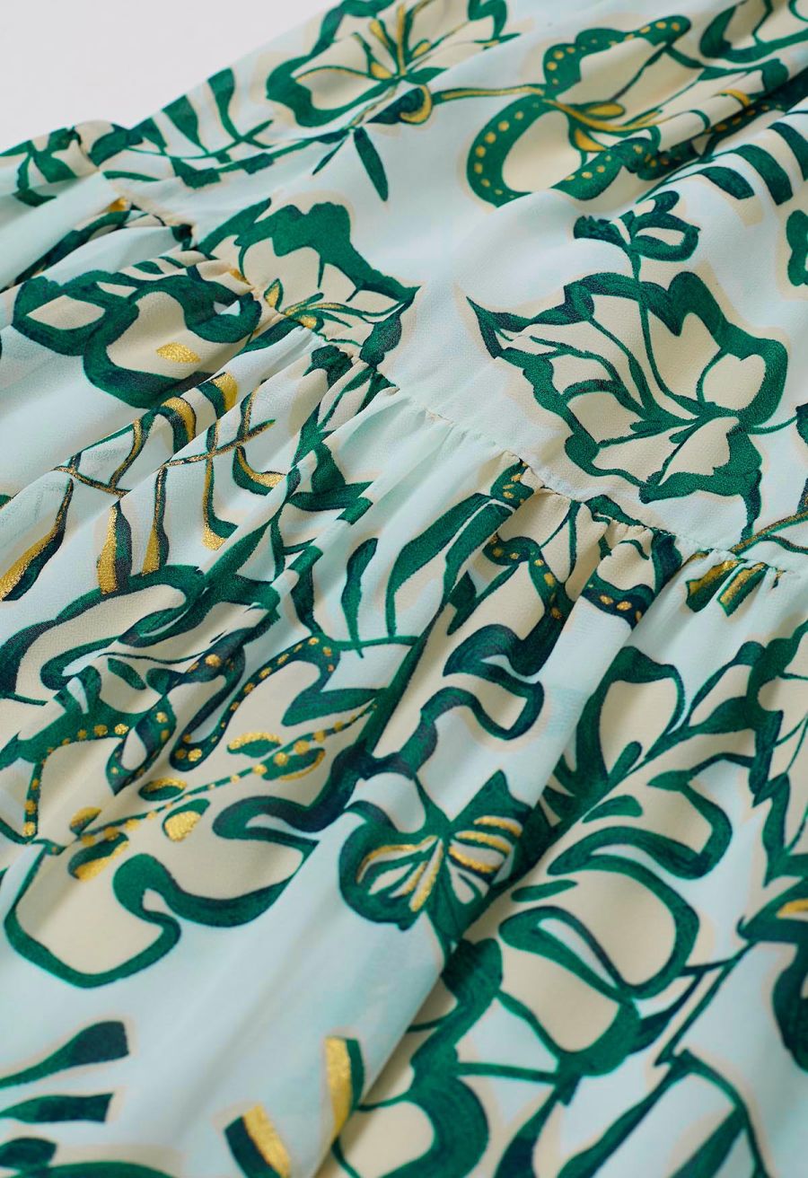 Leaves Printed Flutter Sleeve Faux-Wrap Dress