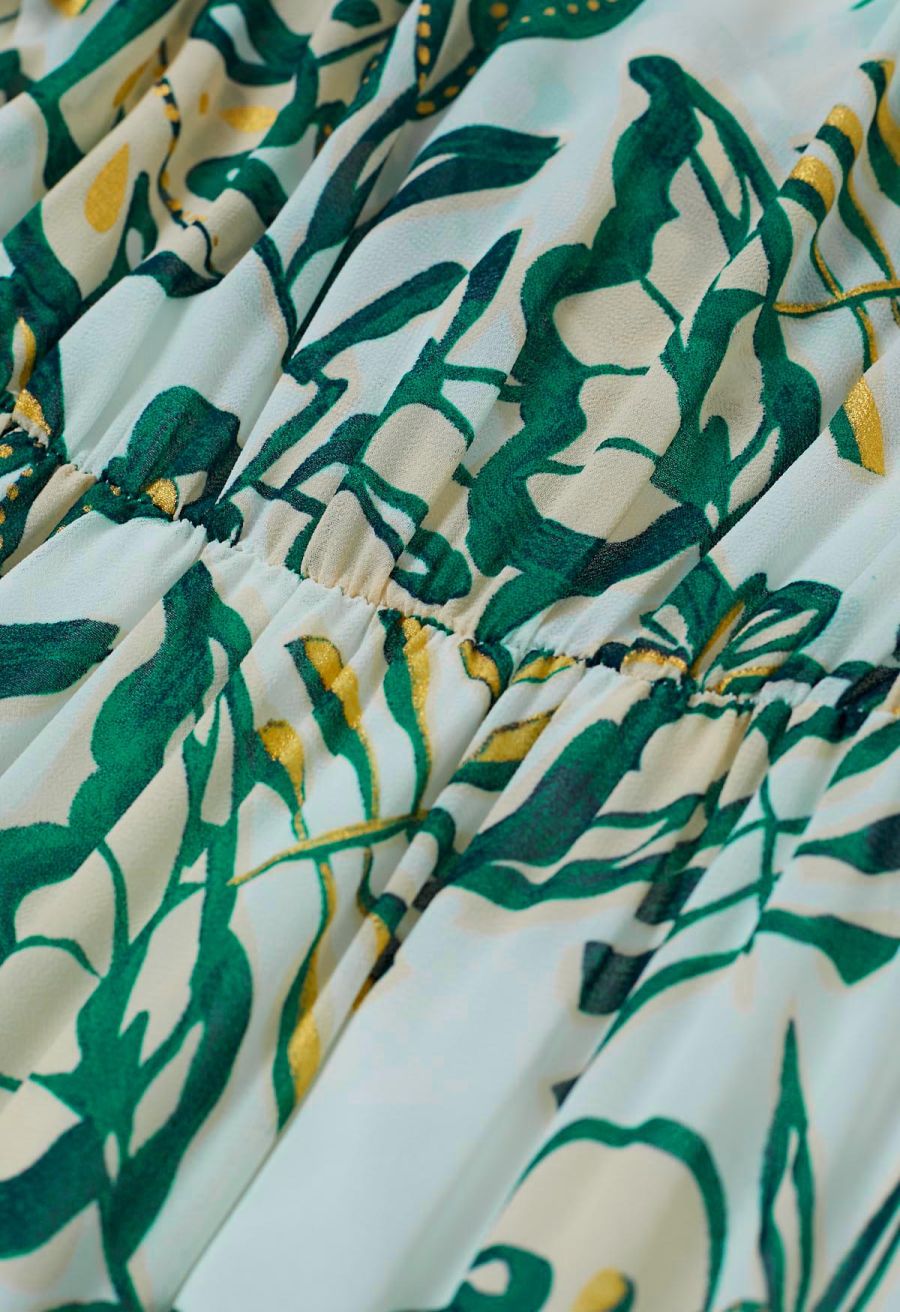 Leaves Printed Flutter Sleeve Faux-Wrap Dress