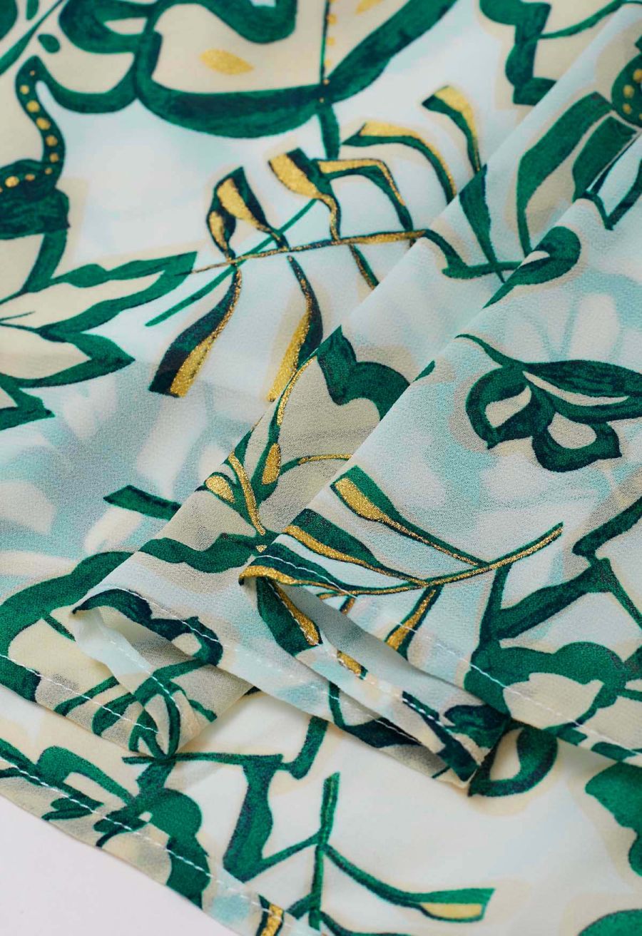 Leaves Printed Flutter Sleeve Faux-Wrap Dress