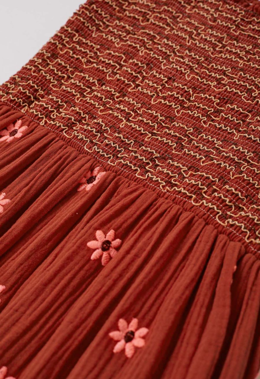 Floret Embroidery Square Neck Midi Dress in Orange