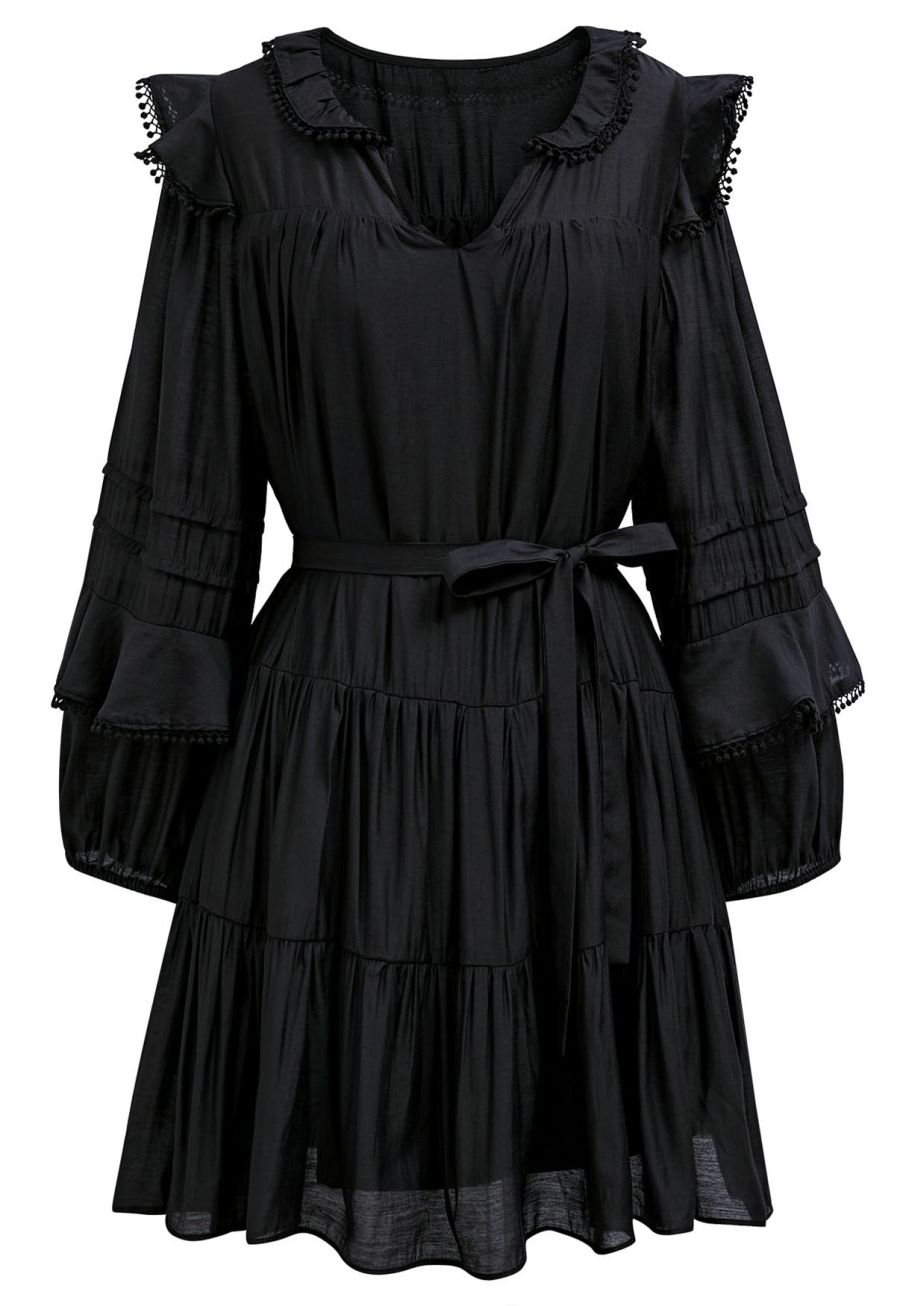 Fringe Detail Tiered Sleeve Mini Dress in Black