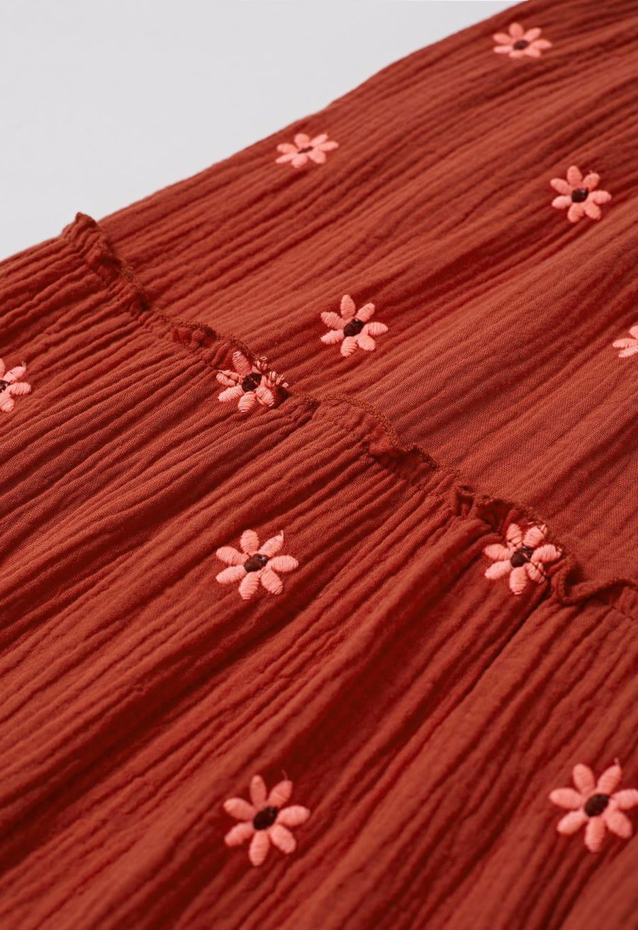 Floret Embroidery Square Neck Midi Dress in Orange