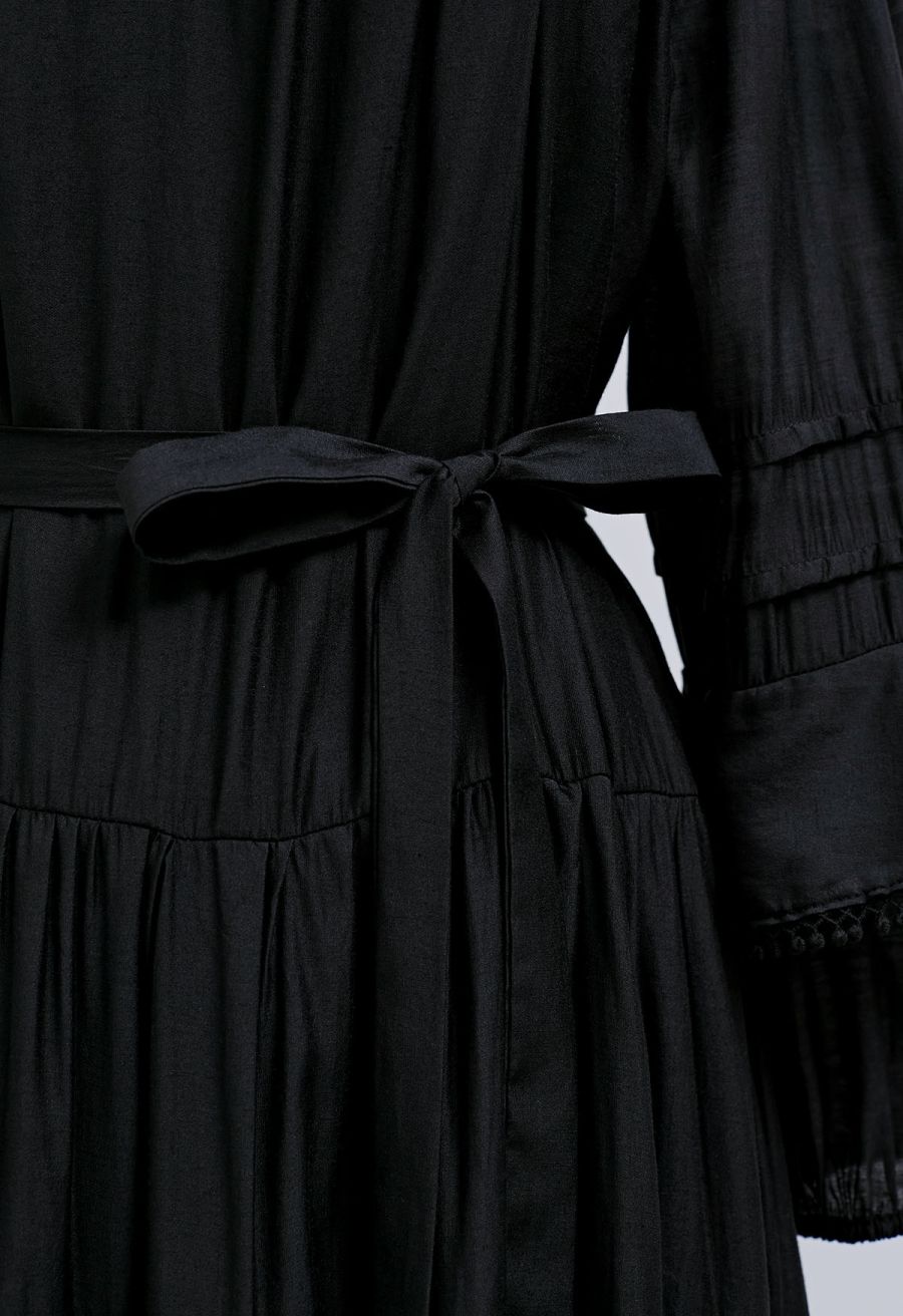Fringe Detail Tiered Sleeve Mini Dress in Black