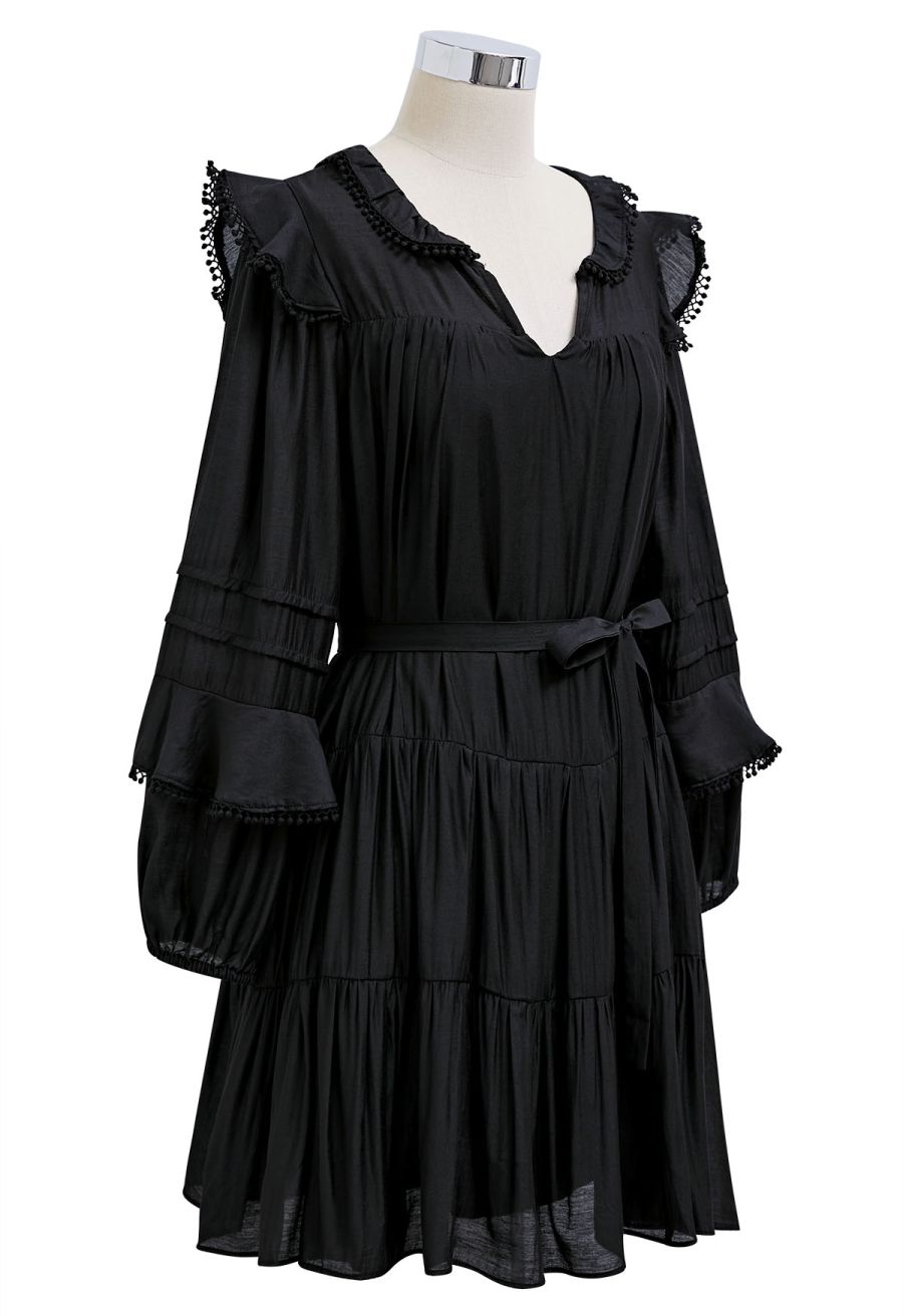 Fringe Detail Tiered Sleeve Mini Dress in Black