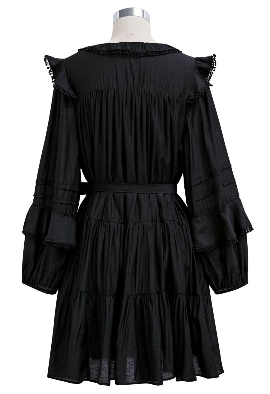 Fringe Detail Tiered Sleeve Mini Dress in Black