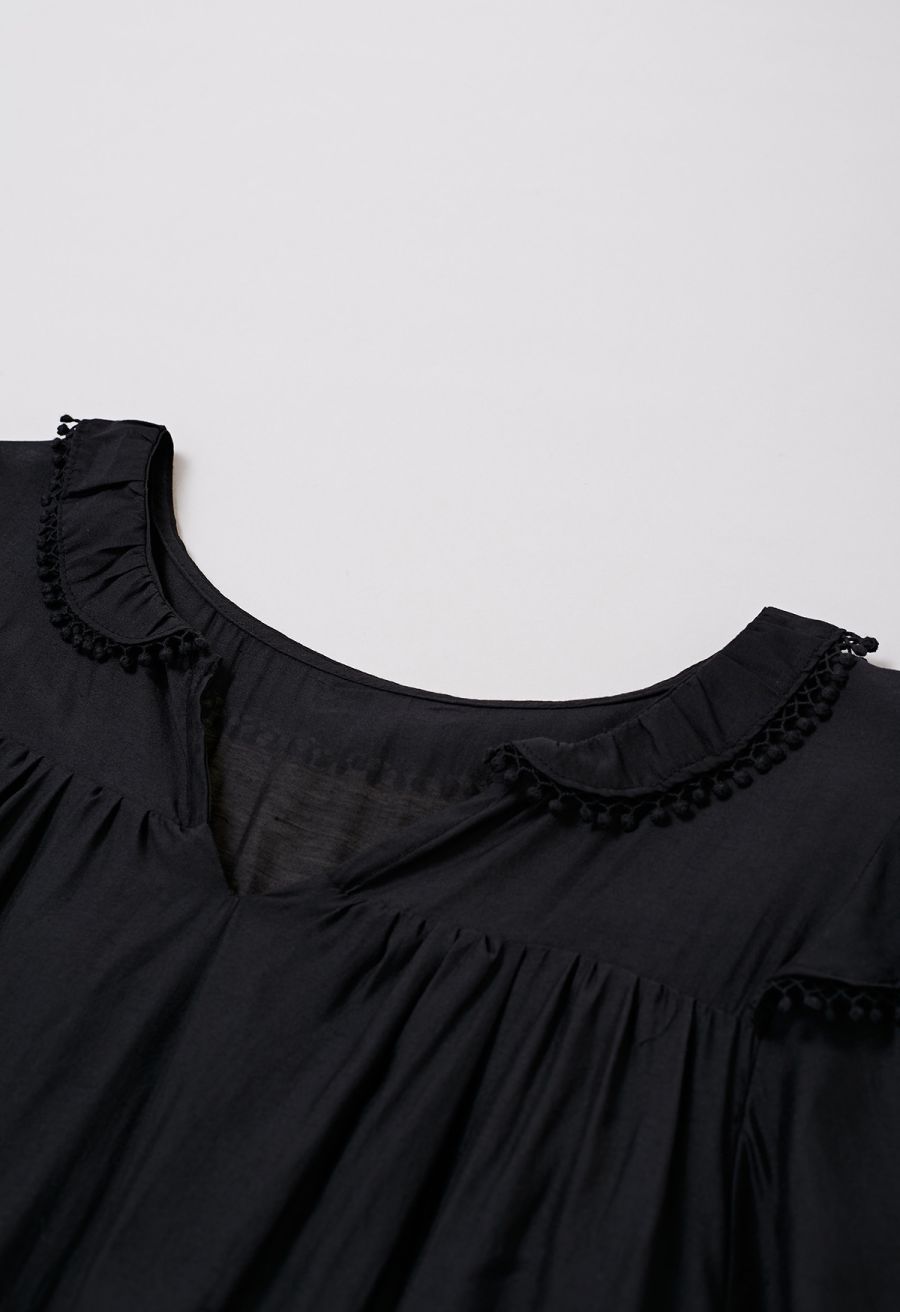 Fringe Detail Tiered Sleeve Mini Dress in Black