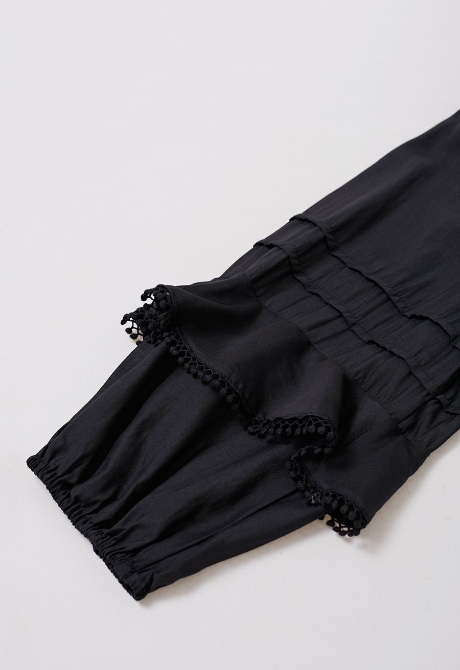 Fringe Detail Tiered Sleeve Mini Dress in Black