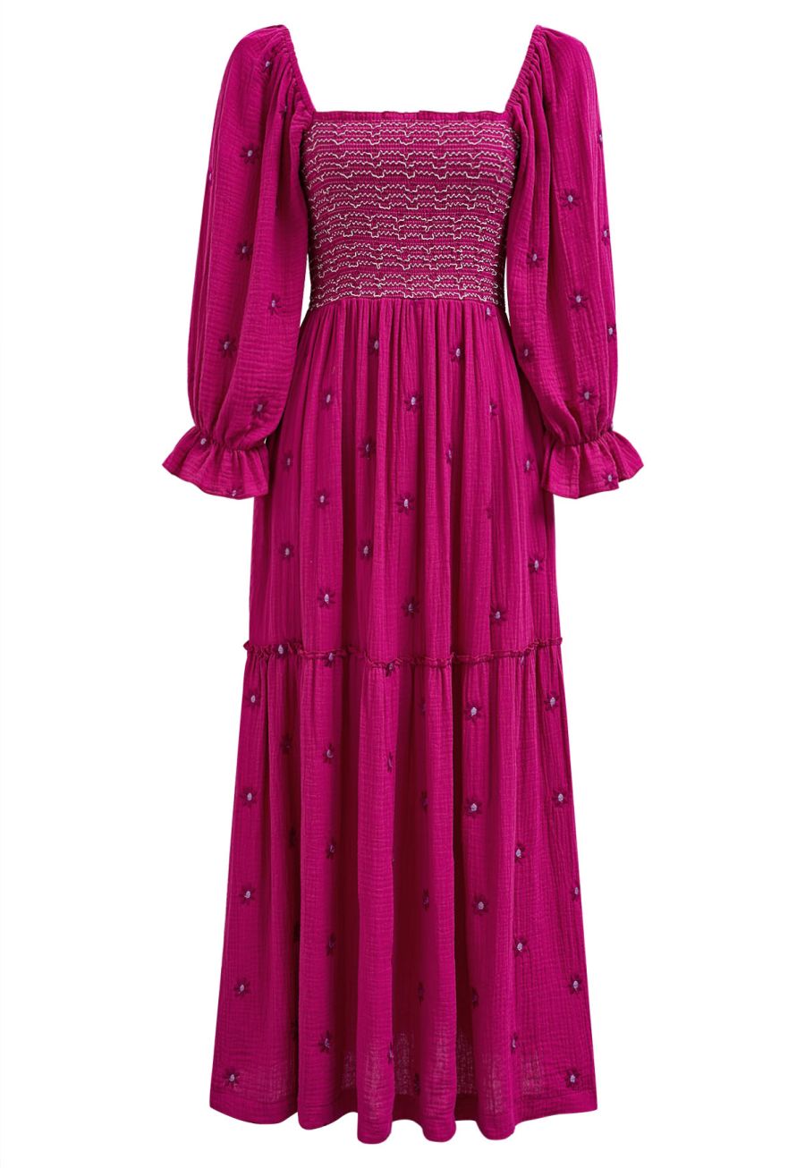 Floret Embroidery Square Neck Midi Dress in Hot Pink