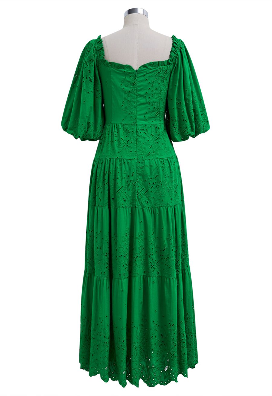 Bubble Sleeve Eyelet Embroidered Maxi Dress