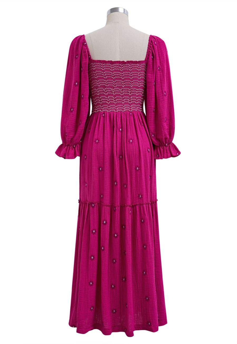 Floret Embroidery Square Neck Midi Dress in Hot Pink