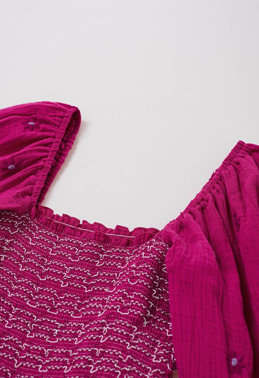 Floret Embroidery Square Neck Midi Dress in Hot Pink