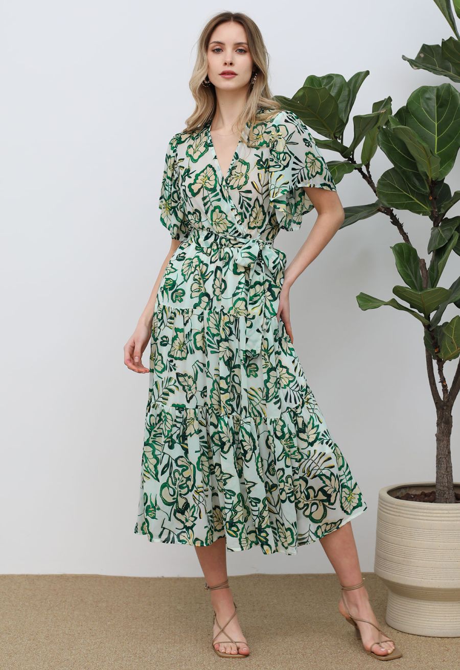 Leaves Printed Flutter Sleeve Faux-Wrap Dress