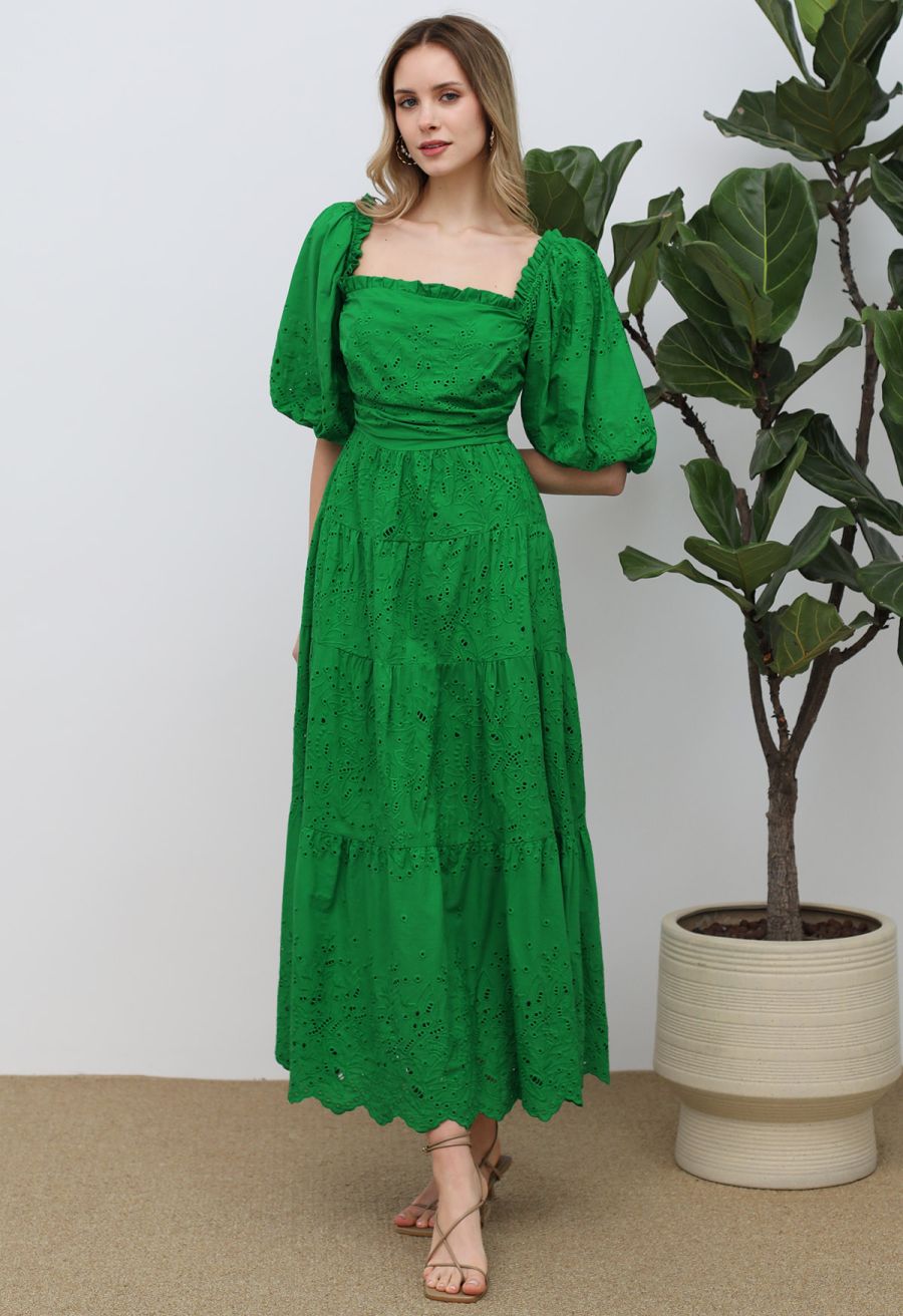 Bubble Sleeve Eyelet Embroidered Maxi Dress