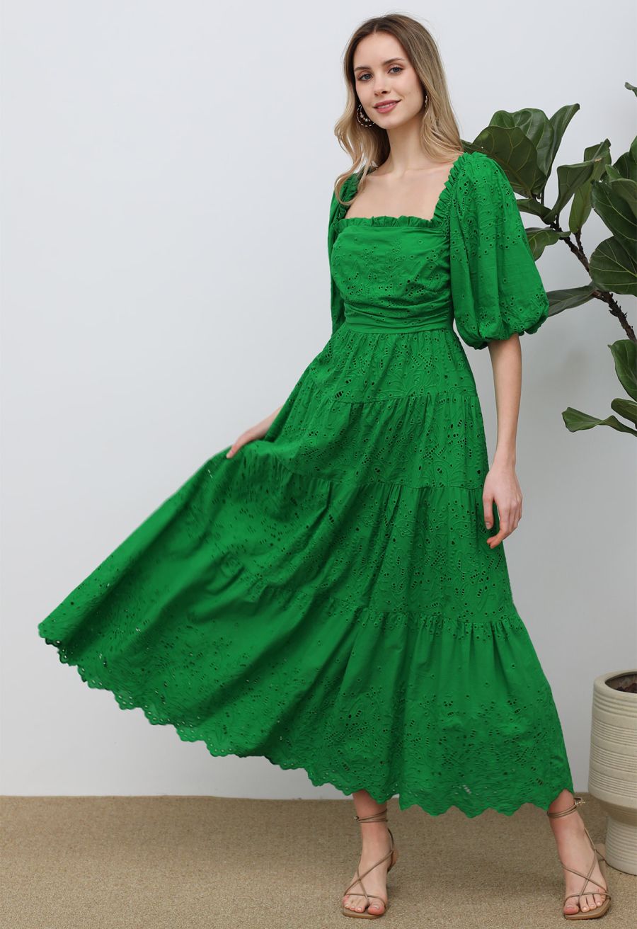 Bubble Sleeve Eyelet Embroidered Maxi Dress