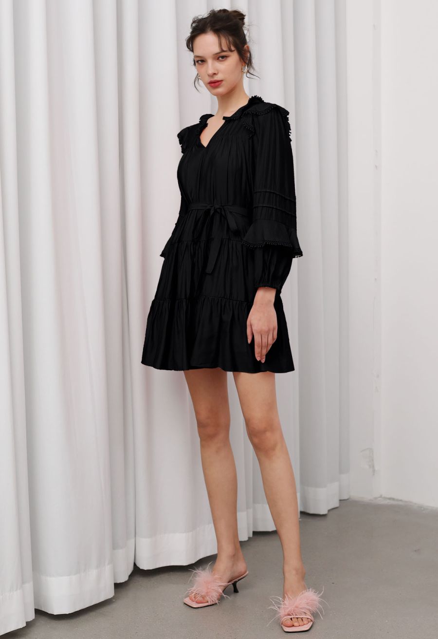 Fringe Detail Tiered Sleeve Mini Dress in Black
