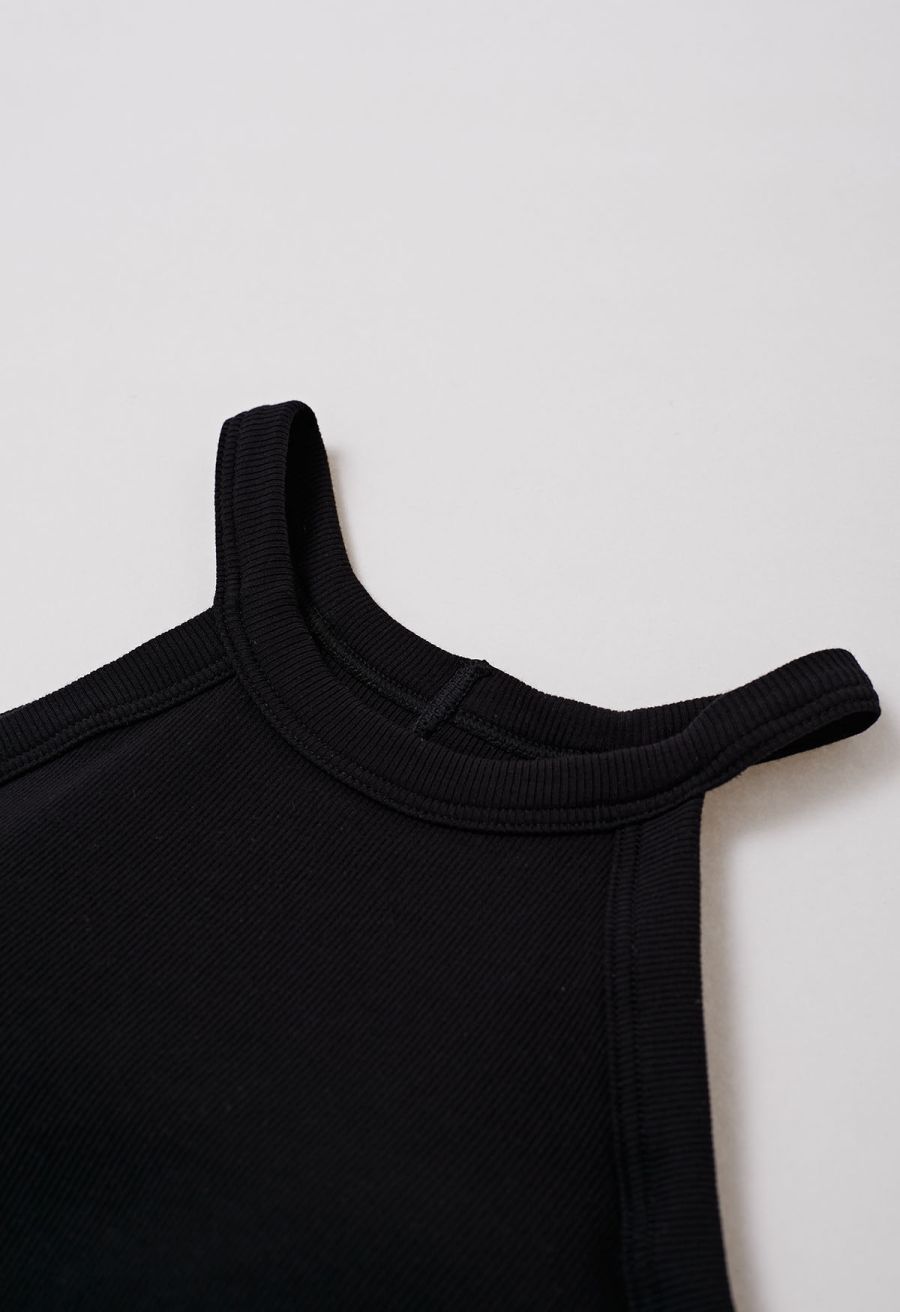 Ribbed Texture Halter Neck Crop Top in Black