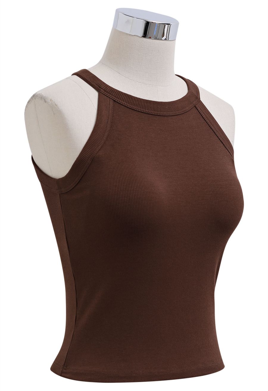 Ribbed Texture Halter Neck Crop Top in Brown