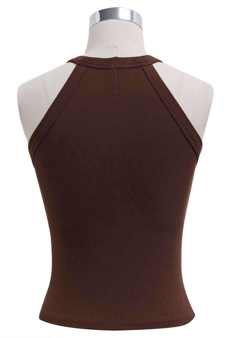 Ribbed Texture Halter Neck Crop Top in Brown