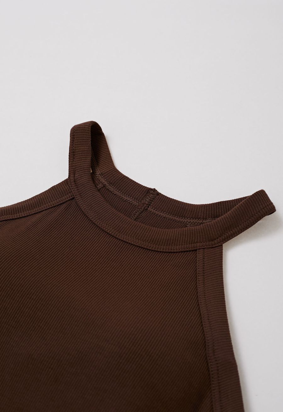 Ribbed Texture Halter Neck Crop Top in Brown
