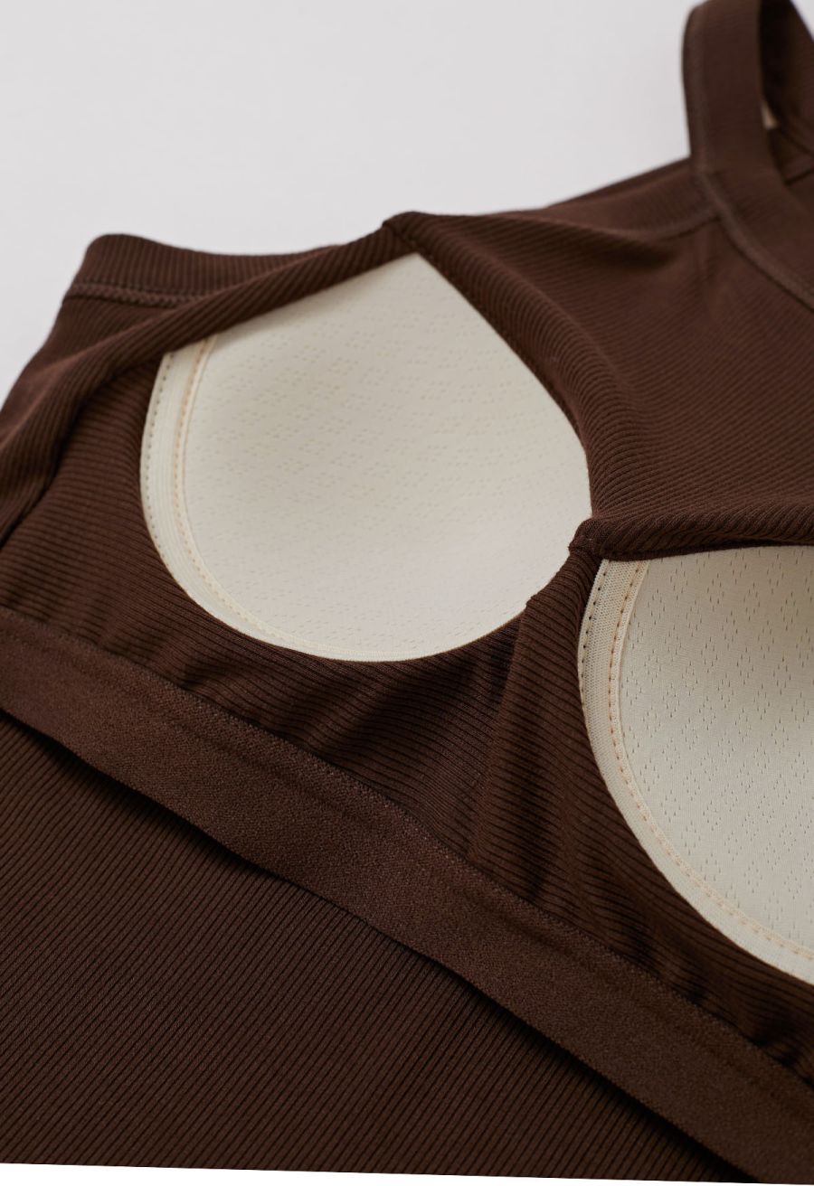 Ribbed Texture Halter Neck Crop Top in Brown