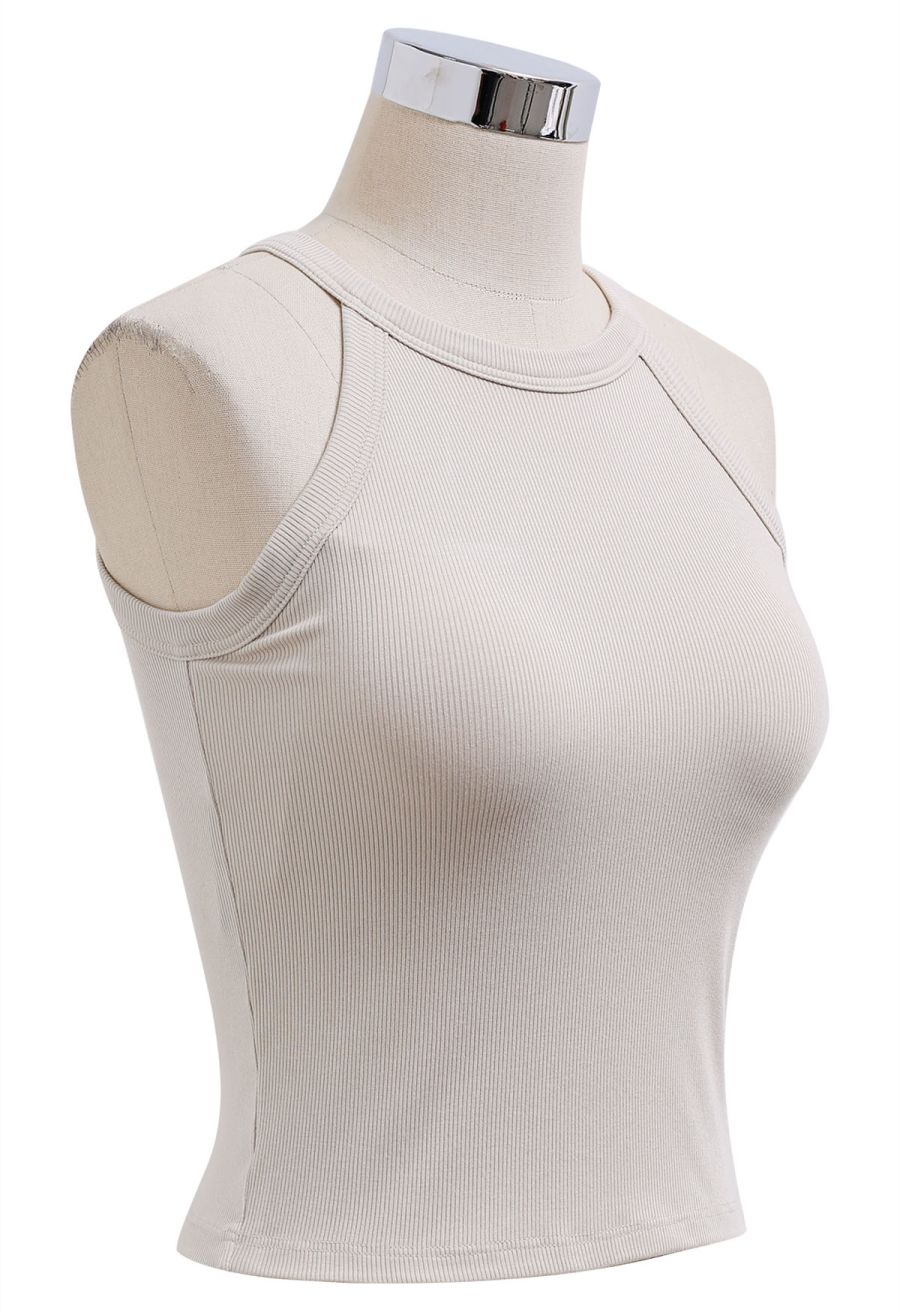 Ribbed Texture Halter Neck Crop Top in Oatmeal