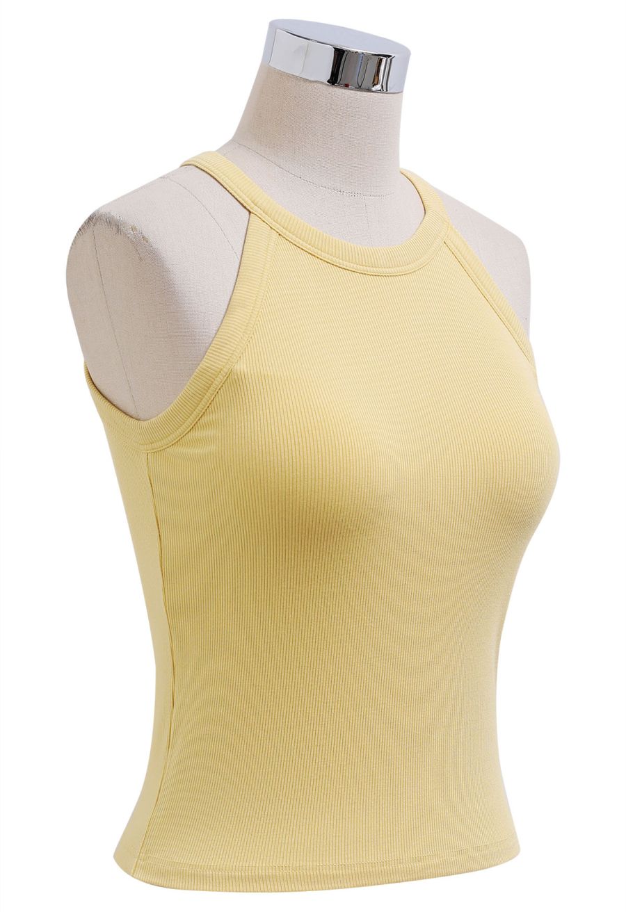 Ribbed Texture Halter Neck Crop Top in Yellow