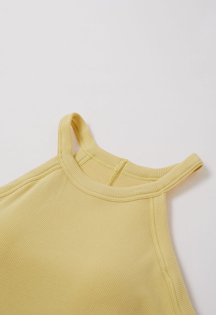 Ribbed Texture Halter Neck Crop Top in Yellow