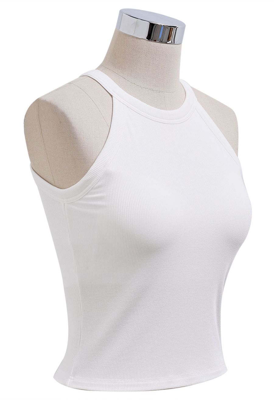 Ribbed Texture Halter Neck Crop Top in White