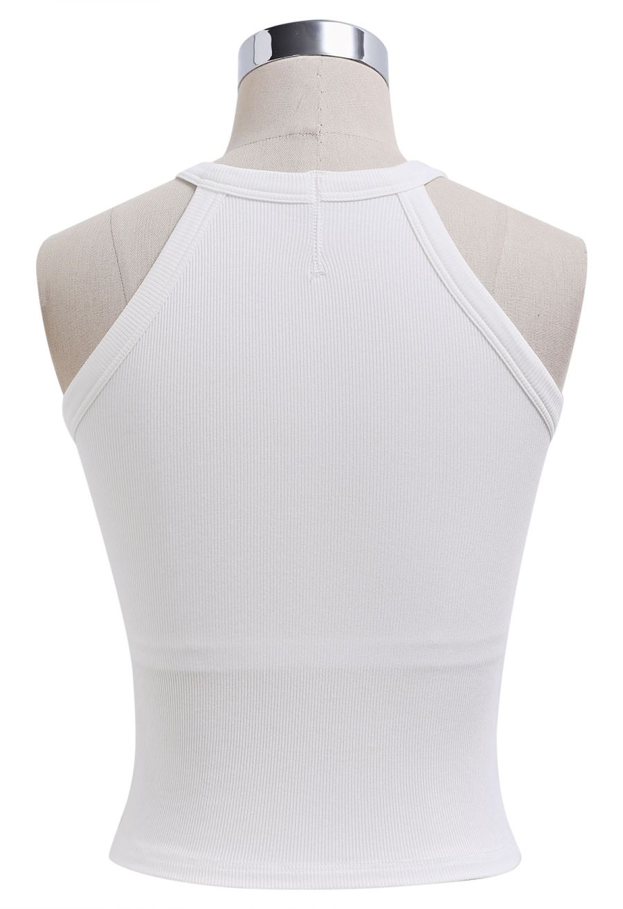 Ribbed Texture Halter Neck Crop Top in White